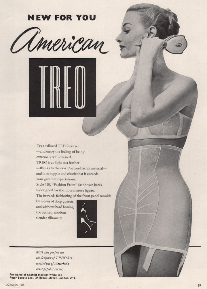 New for you - American Treo corset. Fashion advert. BRITISH VOGUE 1955 print